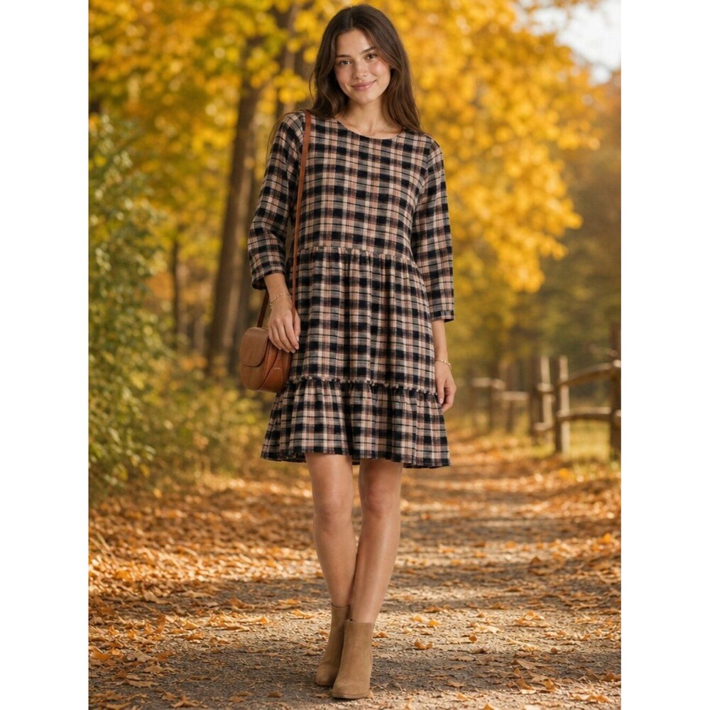 LOFT Plaid Ruffle‑Hem Mini Dress – Black Cream Tan – Size Small – EUC